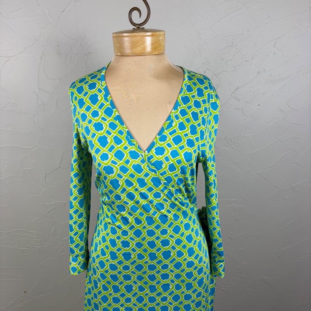 Julie Brown Womens Dress Geometric Wrap Blue Green V-Neck Mid Length Sz M Career - Picture 2 of 12